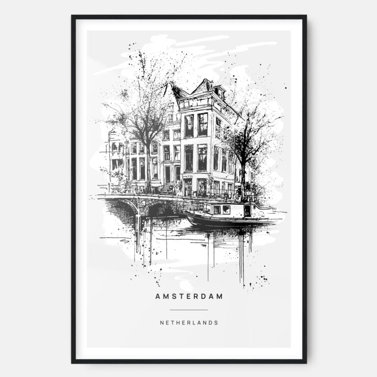 Amsterdam Canal Line Drawing Art Print - Main - Black Frame - Portrait