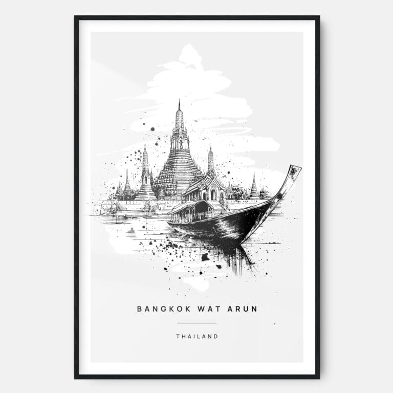 Bangkok Wat Arun Temple Line Drawing Art Print - Main - Black Frame - Portrait