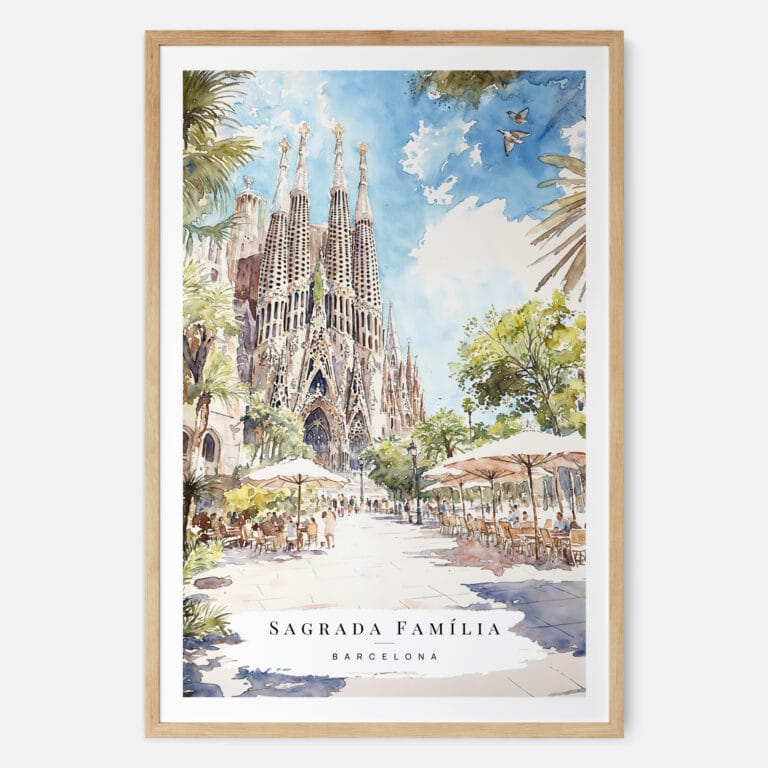 Barcelona Sagrada Familia Watercolor Art Print - Main - Wood Frame