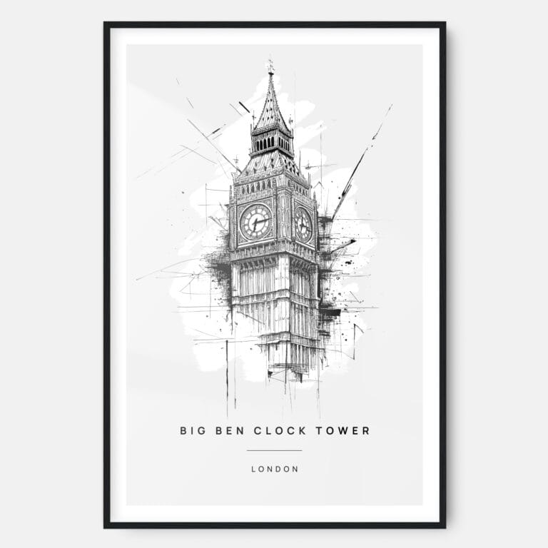 Big Ben Clock Line Drawing Art Print - Main - Black Frame - Portrait