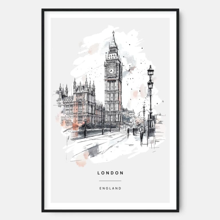 Big Ben Clock Tower Sketch Art Print - Main - Black Frame - Portrait