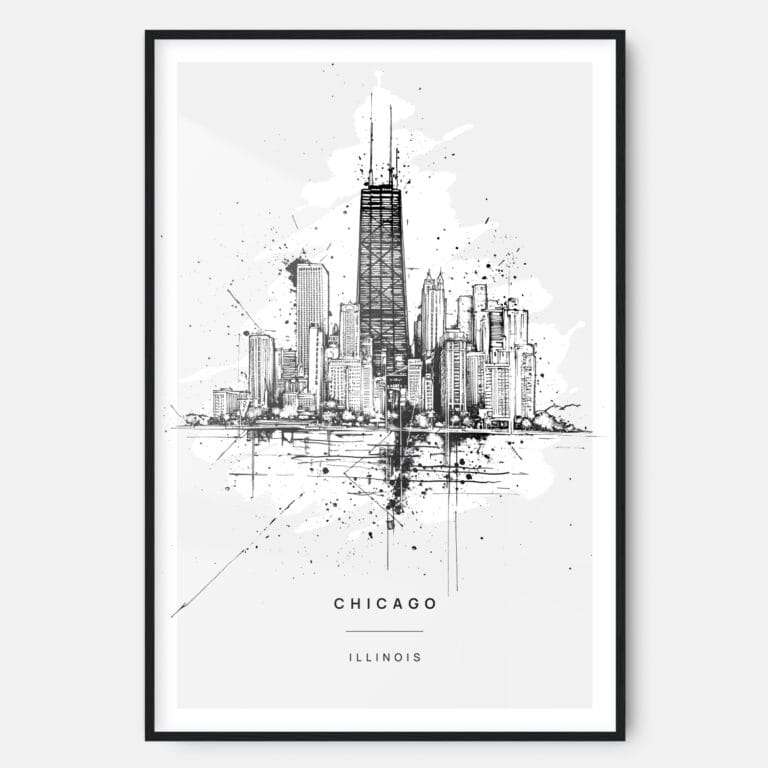 Chicago City Art Print - Line Art Watercolor - Main - Black Frame - Portrait