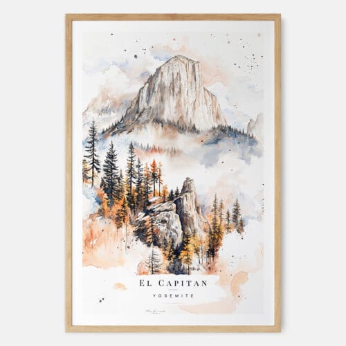 El Capitan Yosemite Watercolor Art Print - Main - Wood Frame