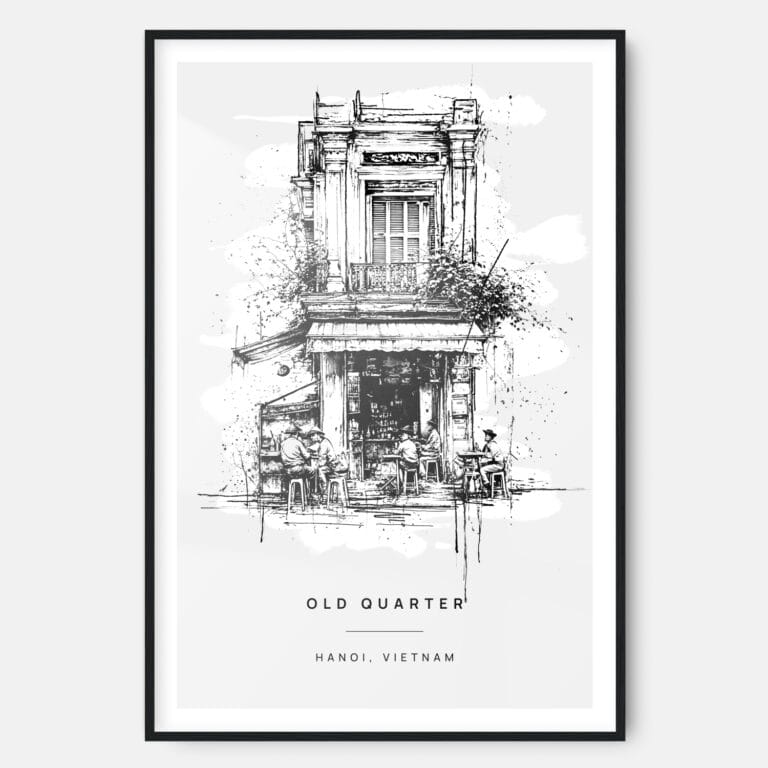 Hanoi Old Quarter Line Drawing Art Print - Main - Black Frame - Portrait