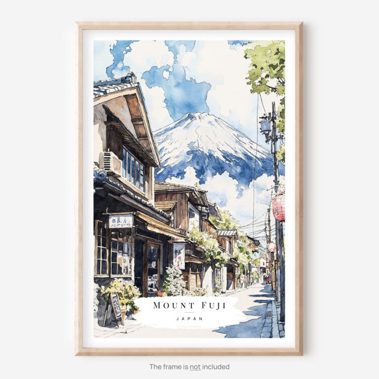 Japanese Street with Mount Fuji Watercolor Art Print - Main - Portrait