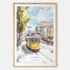 Lisbon Portugal Watercolor Print with Tram 28 Art Print - Main - Wood Frame