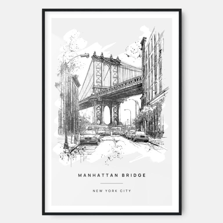 Manhattan Bridge Line Drawing Art Print - Main - Black Frame - Portrait