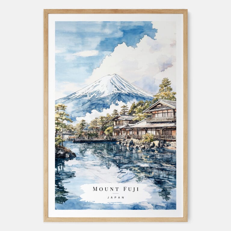 Mount Fuji Watercolor Art Print View From Oshino - Main - Wood Frame