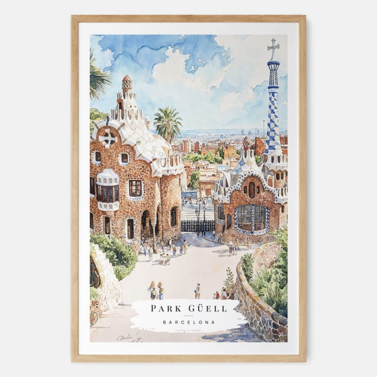 Park Guell Barcelona Watercolor Art Print - Main - Wood Frame