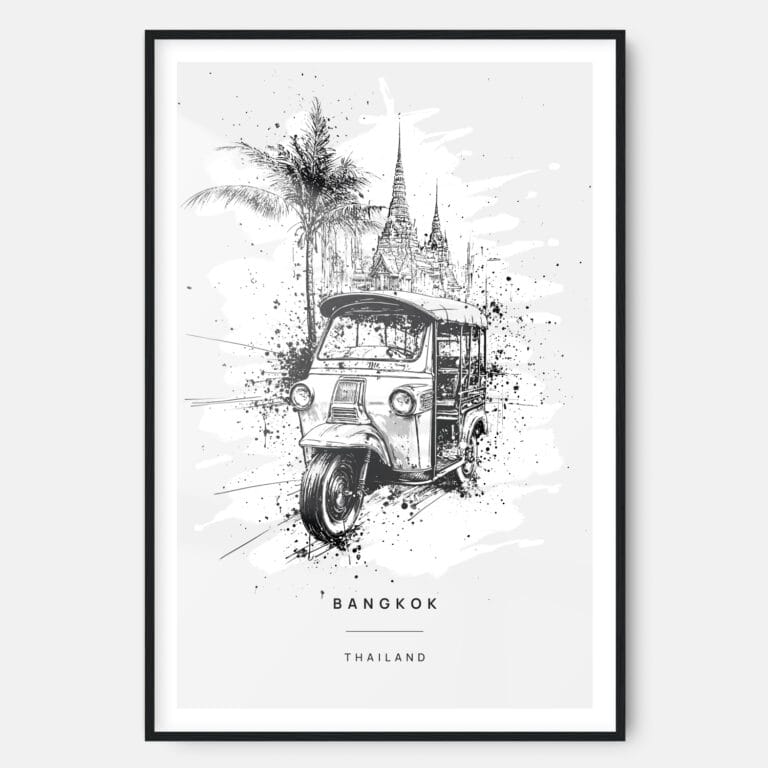 Thailand Tuk Tuk Line Drawing Art Print - Main - Black Frame - Portrait