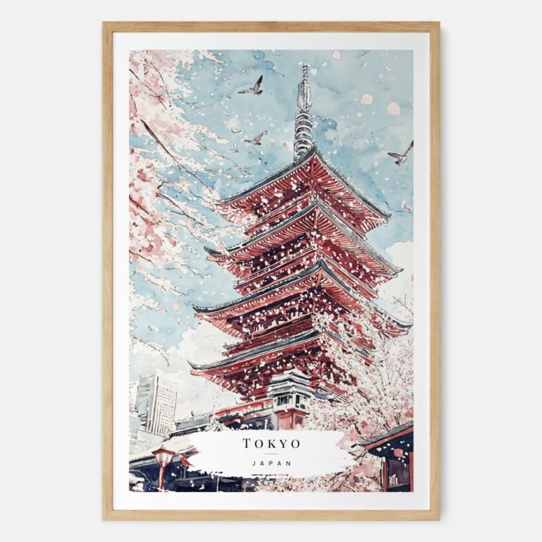 Tokyo Japan Pagoda and Cherry blossom Watercolor Art Print - Main - Wood Frame