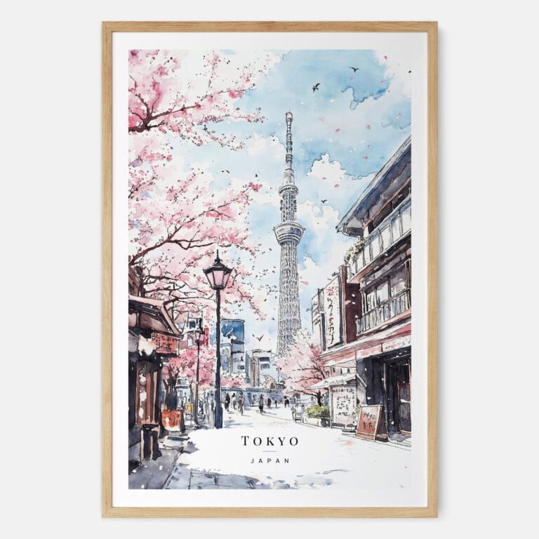 Tokyo Skytree Watercolor Art Print - Main - Wood Frame