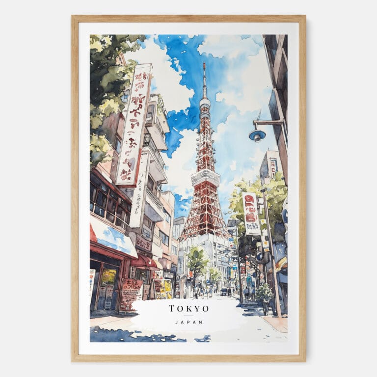 Tokyo Watercolor Art Print with Tokyo Tower - Main - Wood Frame