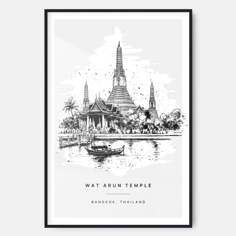 Wat Arun Line Drawing Art Print - Main - Black Frame - Portrait