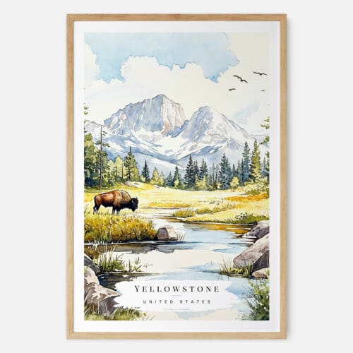 Yellowstone Bison Watercolor Art Print - Main - Wood Frame