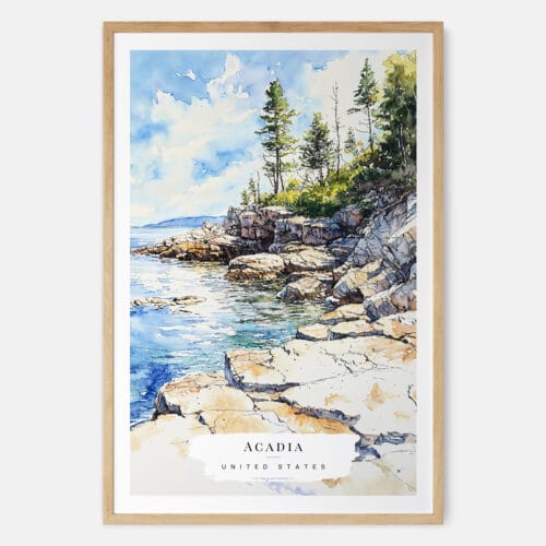 Acadia National Park Watercolor Art Print - Main - Wood Frame