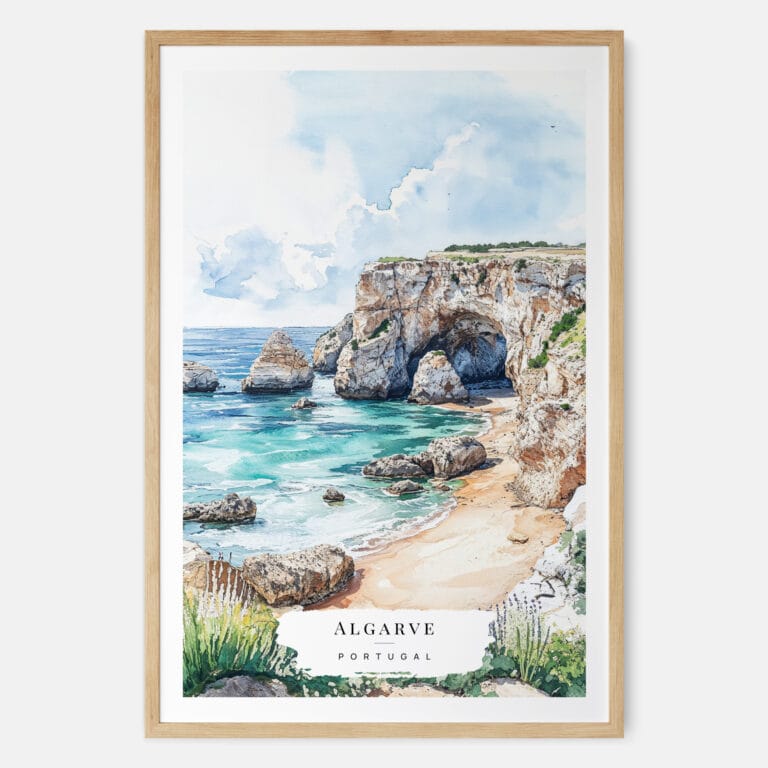 Algarve Portugal Watercolor Art Print - Main - Wood Frame