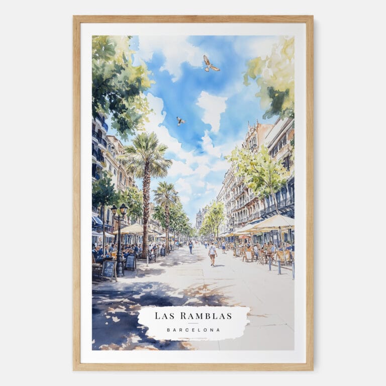 Barcelona Las Ramblas Watercolor Art Print - Main - Wood Frame