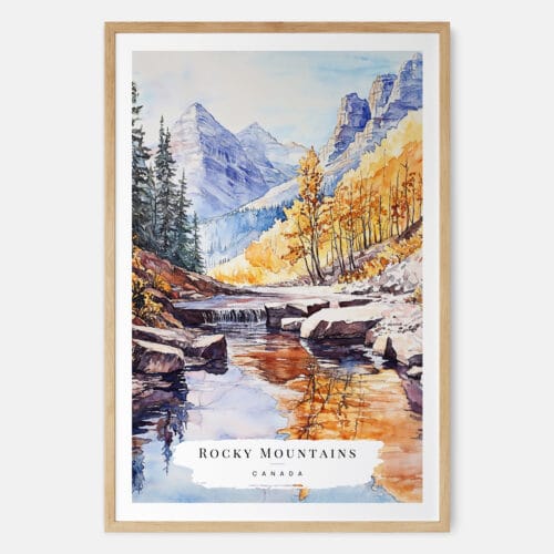 Canadian Rocky Mountains Watercolor Art Print - Main - Wood Frame