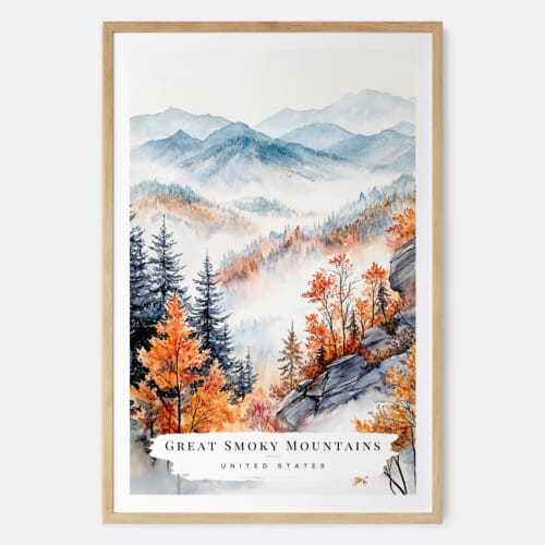 Great Smokey Mountains Watercolor Art Print - Main - Wood Frame