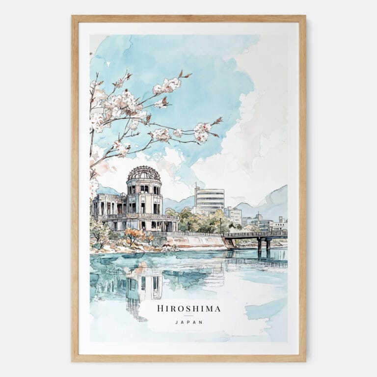 Hiroshima Watercolor Art Print - Main - Wood Frame