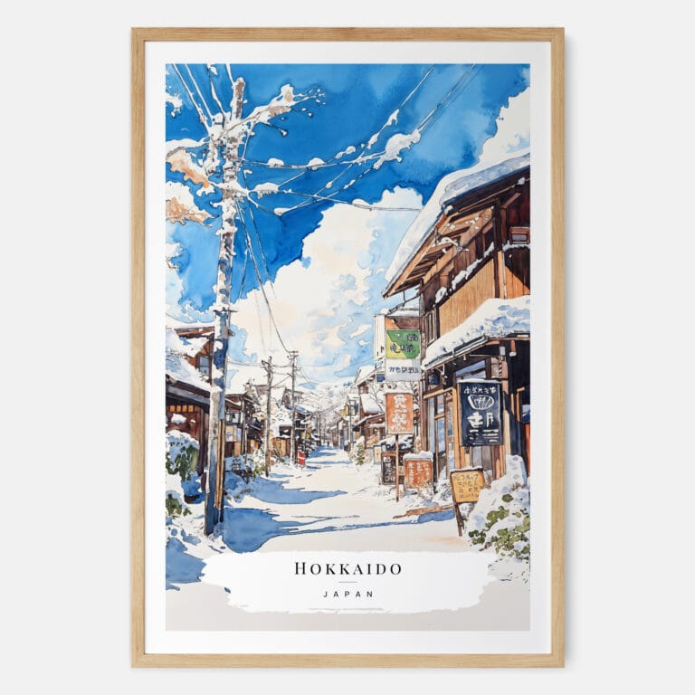 Hokkaido Village Watercolor Art Print - Main - Wood Frame