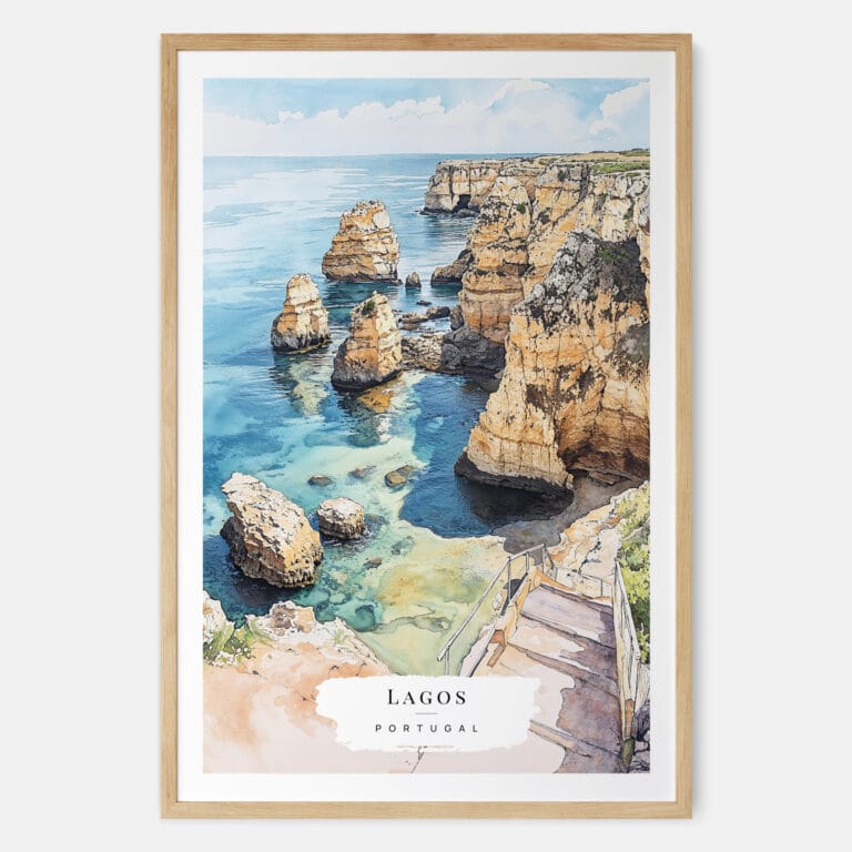 Lagos Portugal Cliffs Watercolor Art Print - Main - Wood Frame