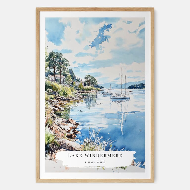 Lake Windermere Cumbria Watercolor Art Print - Main - Wood Frame