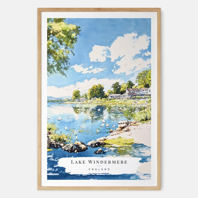 Lake Windermere Lake District Watercolor Art Print - Main - Wood Frame