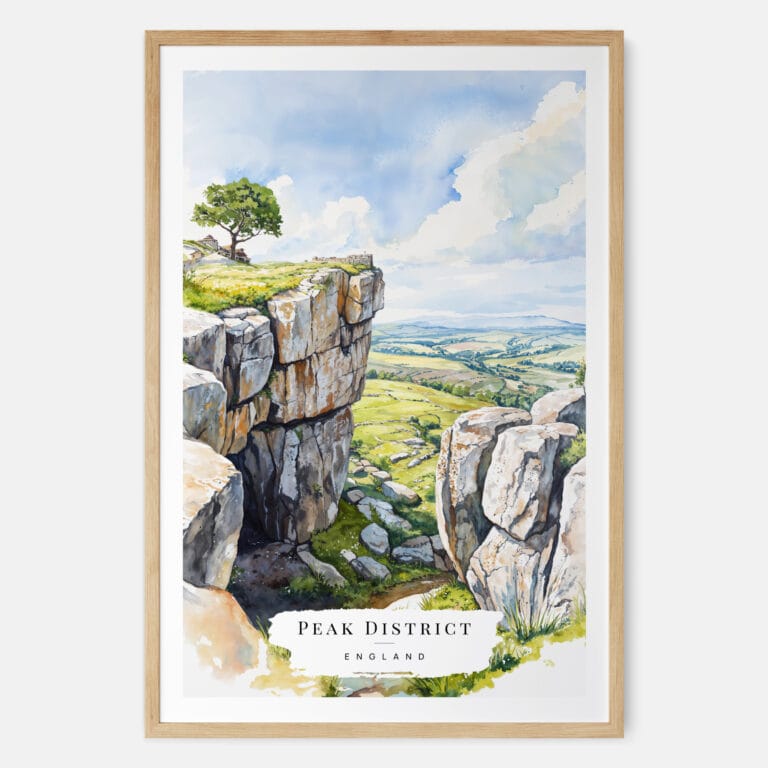 Peak District England Watercolor Art Print - Main - Wood Frame