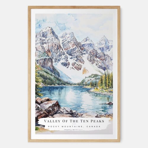 Rocky Mountains Valleys Of the Ten Peaks Watercolor Art Print - Main - Wood Frame