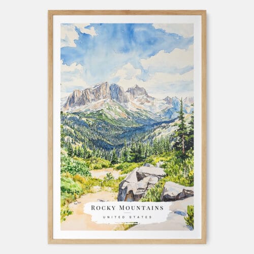 Rocky Mountains Watercolor Art Print - Main - Wood Frame