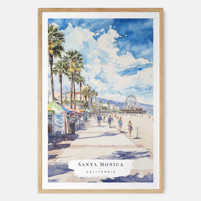 Santa Monica Watercolor Art Print - Main - Wood Frame