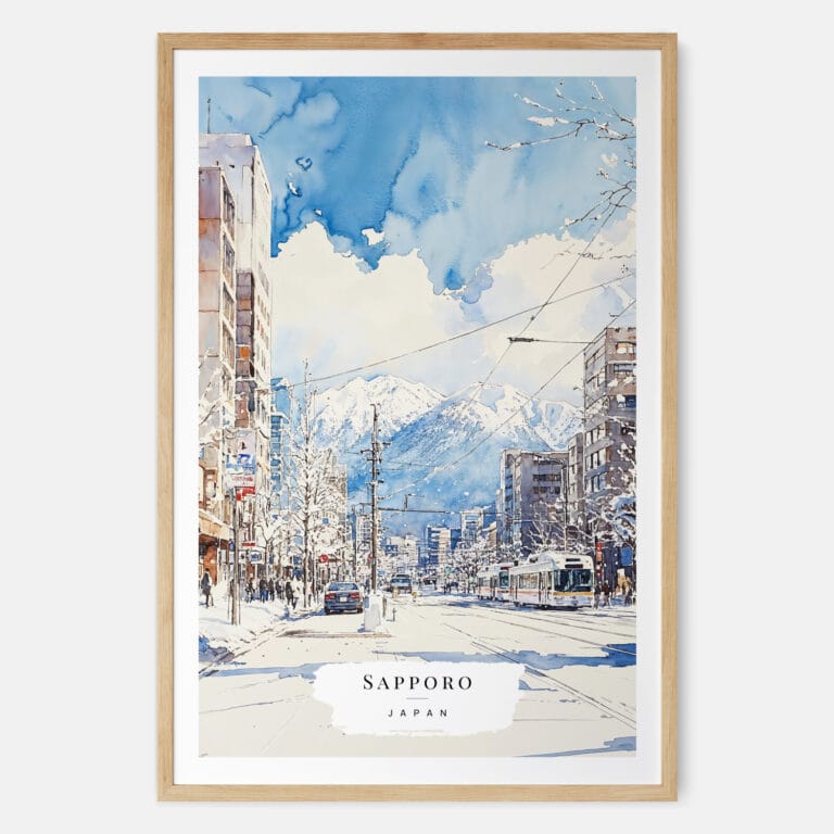 Sapporo Japan Watercolor Art Print - Main - Wood Frame