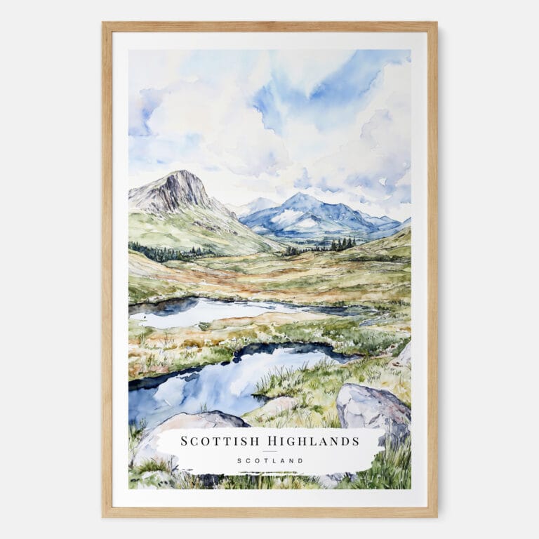 Scottish Highlands Watercolor Art Print - Main - Wood Frame