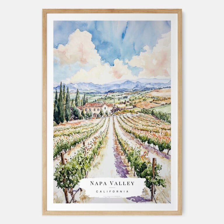 Napa Valley Vineyard Watercolor Art Print - Main - Wood Frame