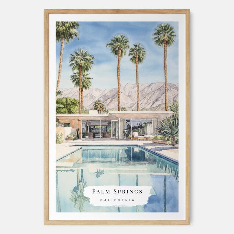 Palm Springs Pool Villa Watercolor Art Print - Main - Wood Frame