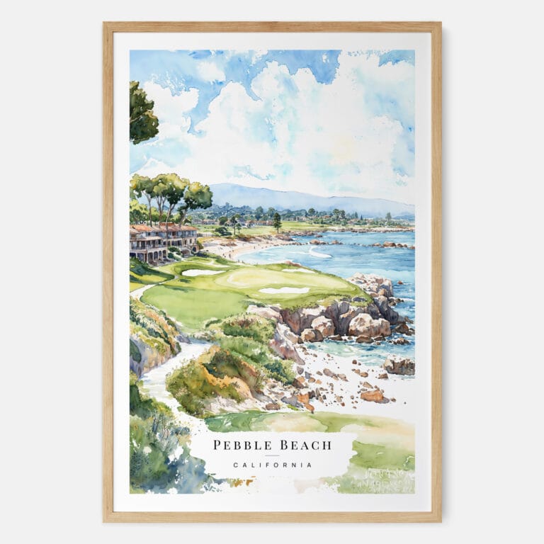 Pebble Beach Golf Course Watercolor Art Print - Main - Wood Frame