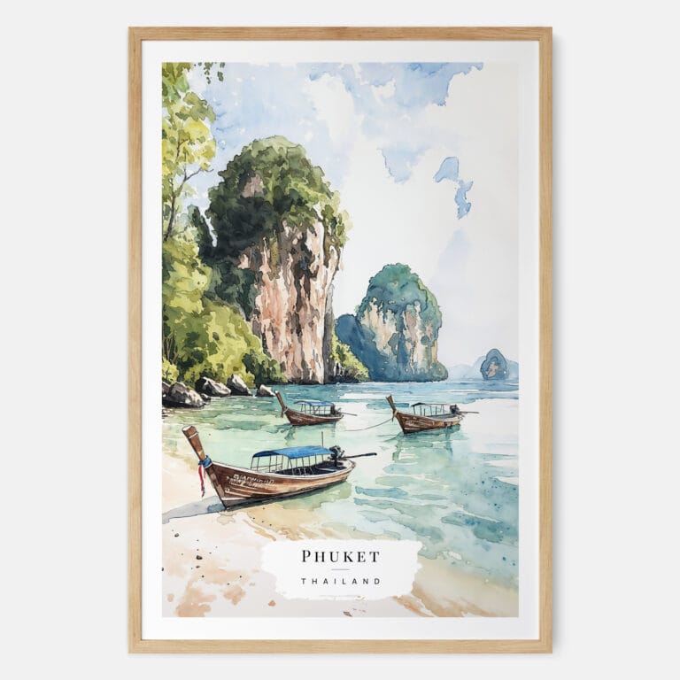 Phuket Thailand Watercolor Art Print - Main - Wood Frame