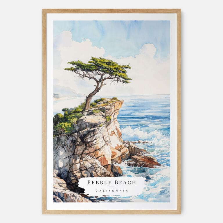 The Lone Cypress Pebble Beach Watercolor Art Print - Main - Wood Frame