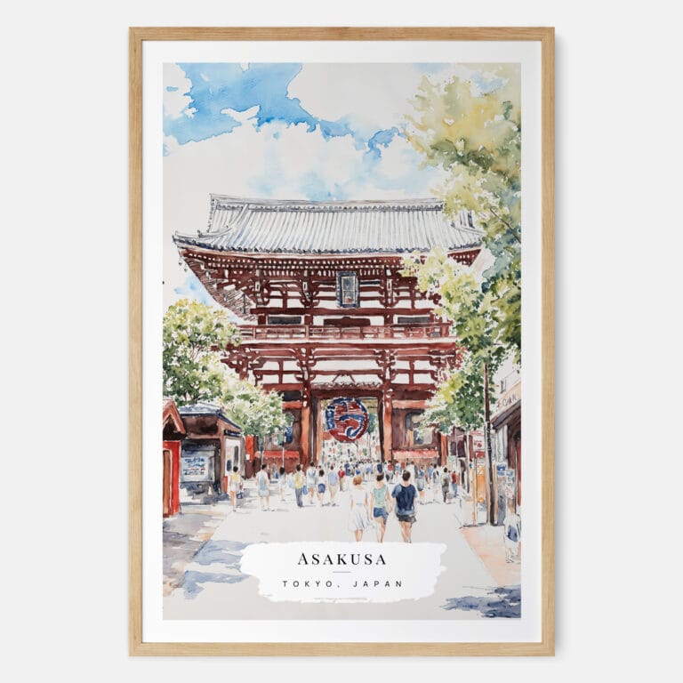 Tokyo Asakusa Watercolor Art Print - Main - Wood Frame