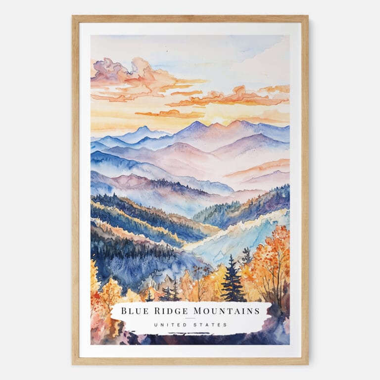 Blue Ridge Mountains Watercolor Art Print - Main - Wood Frame