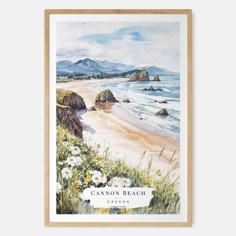 Cannon Beach Oregon Watercolor Art Print - Main - Wood Frame