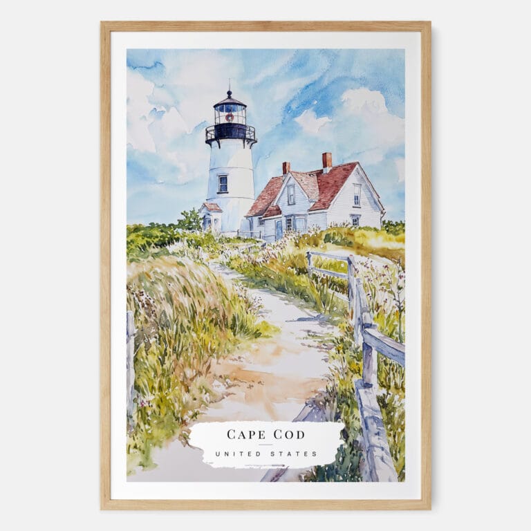 Cape Cod Nobska Lighthouse Watercolor Art Print - Main - Wood Frame