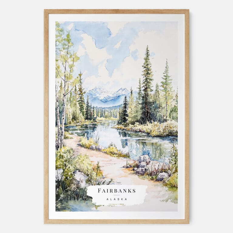 Fairbanks Alaska Nature Watercolor Art Print - Main - Wood Frame