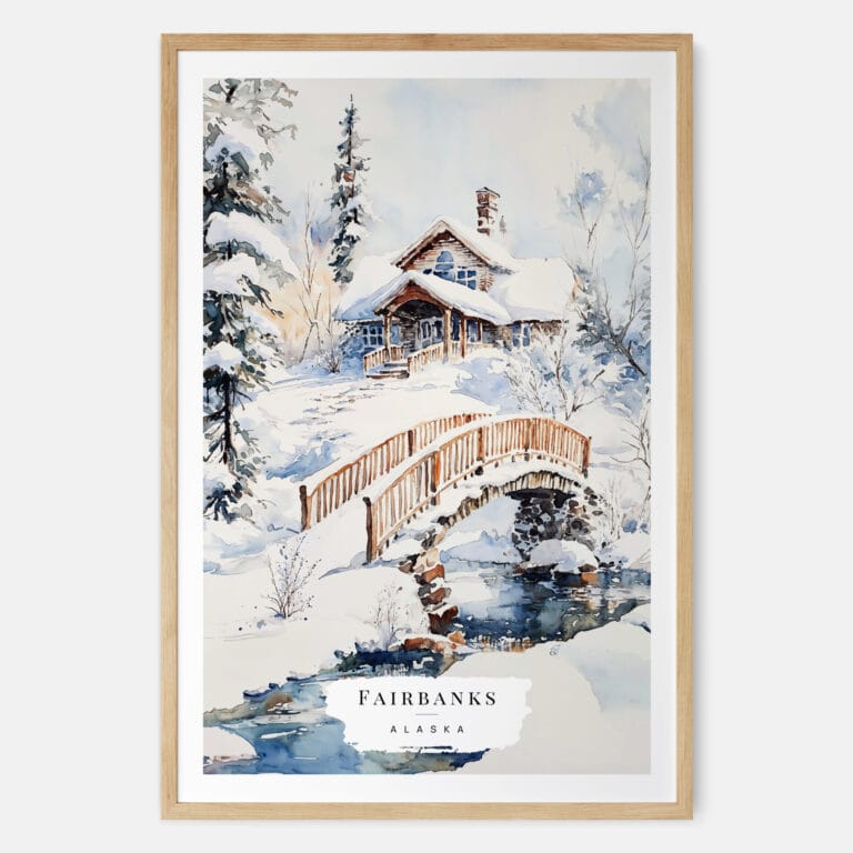 Fairbanks Alaska Winter Watercolor Art Print - Main - Wood Frame