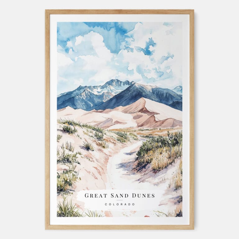 Great Sand Dunes Colorado Watercolor Art Print - Main - Wood Frame