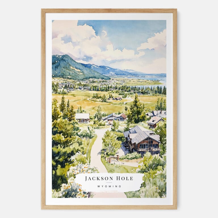 Jackson Hole Wyoming Watercolor Art Print - Main - Wood Frame