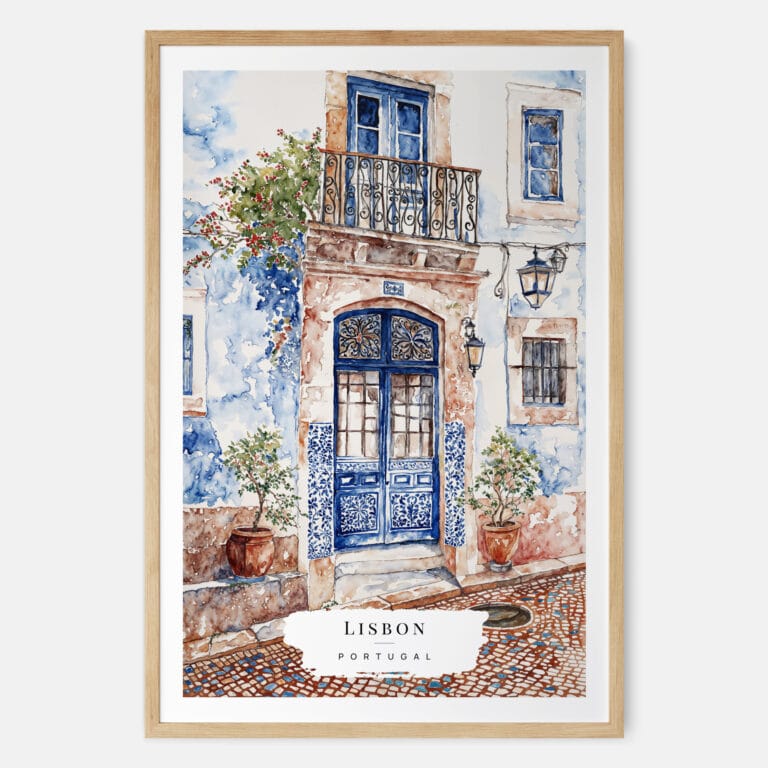 Lisbon Streets Watercolor Art Print - Main - Wood Frame