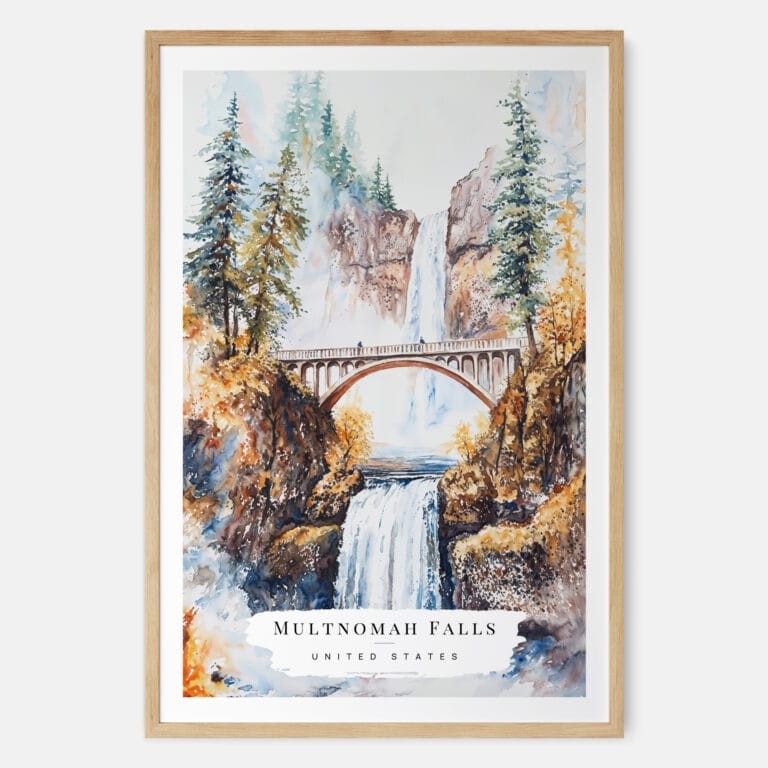 Multnomah Falls Watercolor Art Print - Main - Wood Frame